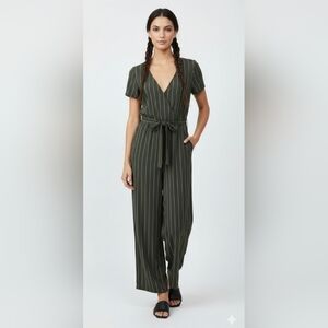 Green Maroon Striped Jumpsuit Wide Leg Festival Summer Belted Casual M